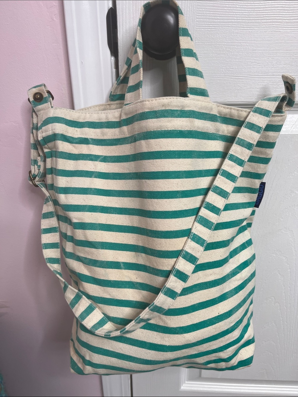 BAGGU Teal Green and Cream Striped Duck Canvas Tote